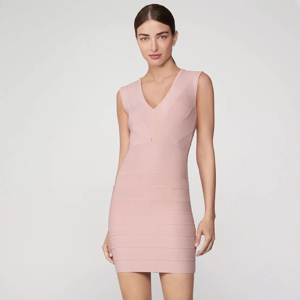 Herve Leger - Icon Plunging V Mini Dress (Size L) color is rose/blush